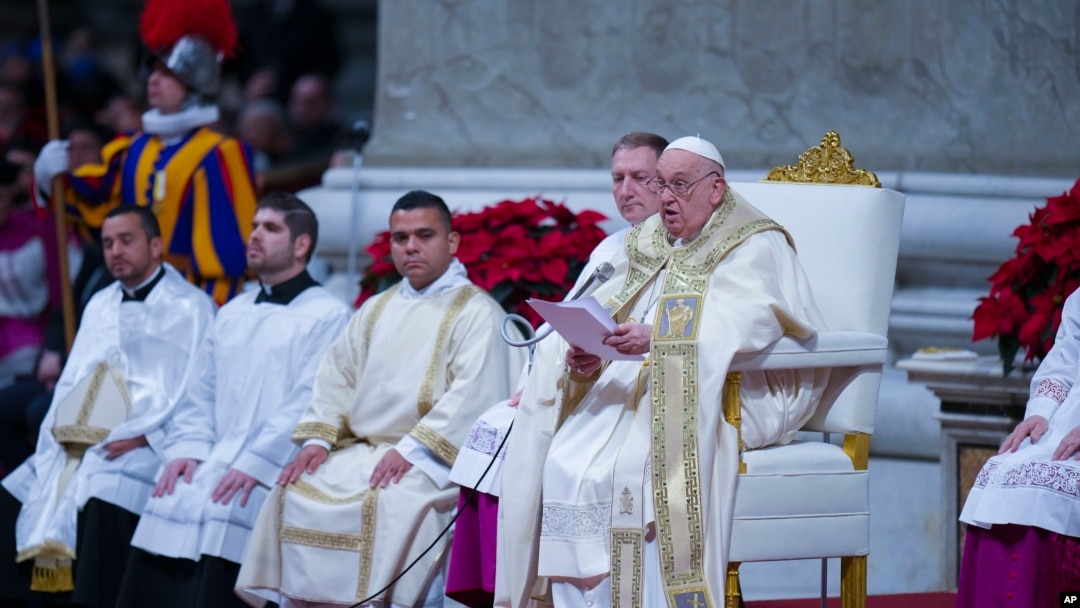 Pope Francis presides over the Christmas Eve Mass in St. Peter's Basilica at The Vatican, Dec. 24, 2024, after opening the basilica's Holy Door marking the start of the Catholic jubilar year 2025.