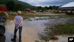 Connie Mullen, de Canisteo, Nueva York, observa la granja lechera Moss Van Wie, propiedad de su hermano, Cliff Moss, que ha sufrido graves daños, en Canisteo, el viernes 9 de agosto de 2024.