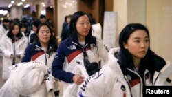 South Korean women's ice hockey team members leave after attending an inaugural ceremony ahead of the 2018 Pyeongchang Winter Olympics, in Seoul, South Korea, Jan. 24, 2018.