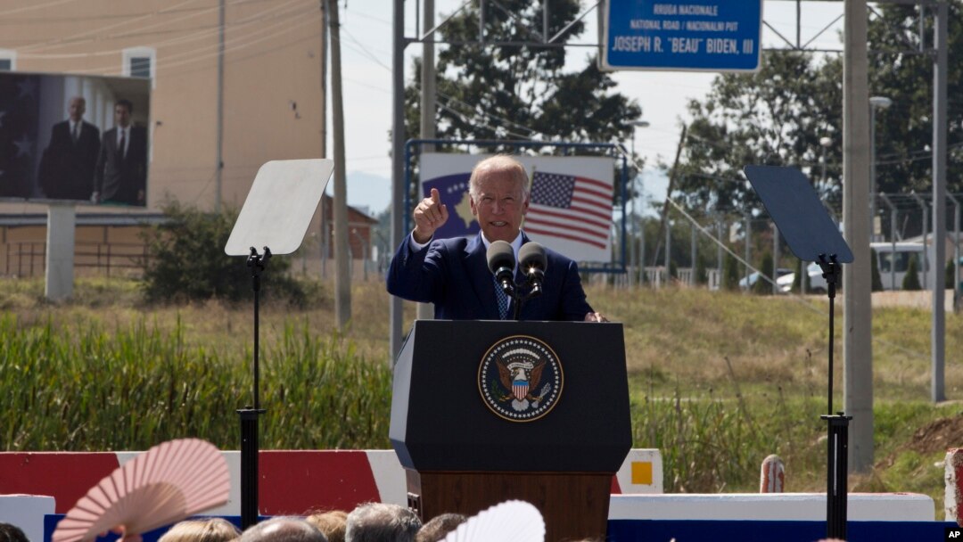 U.S. Vice President Joe Biden gives an address during a ceremony to name the national road after his late son Joseph R. "Beau" Biden III, in the village of Sojevo, Kosovo, Aug. 17, 2016. 