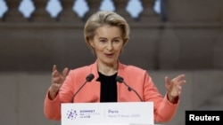 European Commission President Ursula von der Leyen delivers a speech during the plenary session of the Artificial Intelligence (AI) Action Summit at the Grand Palais in Paris, France, Feb. 11, 2025. 