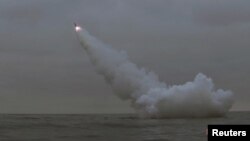 A general view as North Korea fired two missiles from a submarine striking an underwater target, according to state media, at an undisclosed location in North Korea March 12, 2023 in this photo released by North Korea's Korean Central News Agency (KCNA). 