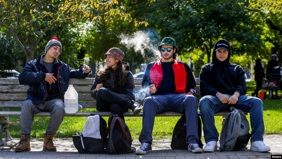 Personas fuman marihuana en el Trinity Bellwoods Park, en Toronto, Ontario, el día en que Canadá legalizó el uso recreativo de la droga. Jueves 17 de octubre de 2018. Foto: Reuters/Carlos Osorio.
