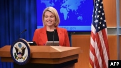 La portavoz del Departamento de Estado de EE. UU., Heather Nauert, habla durante la publicación del Informe Internacional sobre Libertad Religiosa en el Departamento de Estado, en Washington. Foto de archivo.