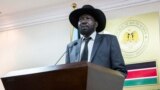 South Sudan's President Salva Kiir, shown here at news conference in Juba, told a rally this week that more sanctions would "devastate" the nation's economy.