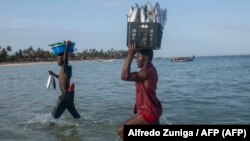 Des pêcheurs équilibrent des caisses de poissons sur la tête le 9 décembre 2020 sur la côte du district de Paquitequete à Pemba où des personnes déplacées internes fuient les troubles dans la partie nord de la région de Cabo Delgado au Mozambique.