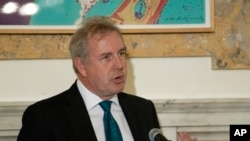 In this Friday, Oct. 20, 2017 photo, British Ambassador Kim Darroch hosts a National Economists Club event at the British Embassy in Washington. Leaked diplomatic cables published Sunday, July 7,2 019, in a British newspaper reveal that Britain's…
