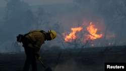 Seorang pemadam kebakaran berusaha memadamkan titik panas dari kebakaran hutan yang meluas dengan cepat karena angin kencang. di Orange, California, 9 Oktober 2017. 