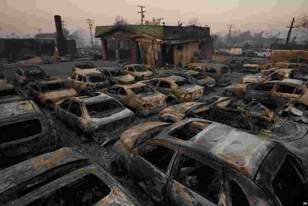 Cars are left charred inside a dealership in the aftermath of the Eaton fire, in Altadena, California, Jan. 10, 2025. 