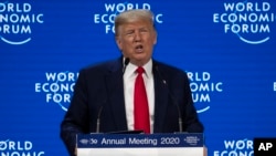 President Donald Trump delivers the opening remarks at the World Economic Forum, Jan. 21, 2020, in Davos, Switzerland. (AP Photo/ Evan Vucci)