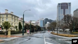 The streets are nearly empty in the central business district of Wellington, New Zealand, Aug. 27, 2021.
