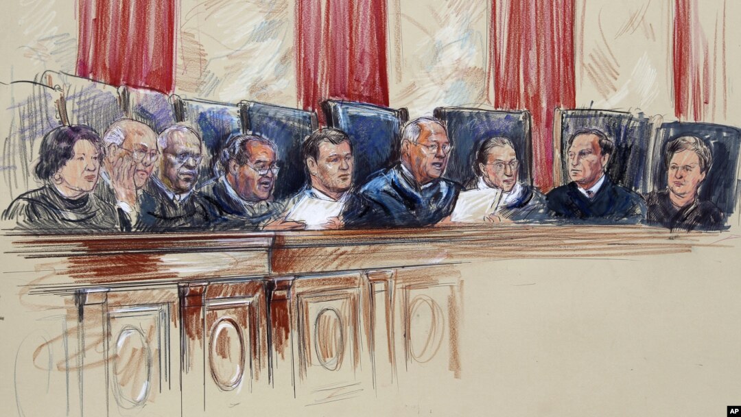An artist rendering shows Supreme Court Justices from left, Sonia Sotomayor, Stephen Breyer, Clarence Thomas, Antonin Scalia, Chief Justice John Roberts, Anthony Kennedy, Ruth Bader Ginsburg, Samuel A. Alito, and Elena Kagan inside Supreme Court in Washin