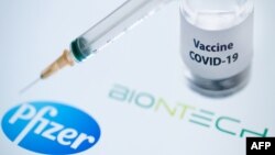 (FILES) In this file photo taken on November 23, 2020 This illustration picture taken on November 23, 2020 shows a bottle reading "Vaccine Covid-19" and a syringe next to the Pfizer and Biontech logo. - Britain on December 2, 2020 became the first country