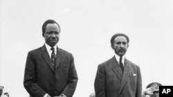 FILE - Julius Nyerere, left, President of Tanganyika, stands with Emperor Haile Selassie of Ethiopia, on May 21, 1963.