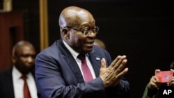 File - Former South African President Jacob Zuma, in the High Court in Pietermaritzburg, South Africa, Oct. 15, 2019, faces charges of corruption, money laundering and racketeering related to a 1999 arms deal. 
