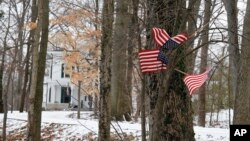 Beberapa bendera Amerika berukuran kecil dipasang di sebuah pohon di depan rumah keluarga Otto Warmbier, di Wyoming, Ohio, Jumat (22/1). Warnbier, mahasiswa AS dikabarkan ditahan oleh pihak berwenang Korea Utara.