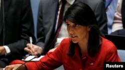 Đại sứ Mỹ tại LHQ Nikki Haley nói về vấn đề Bắc Hàn ở HĐBA (ảnh tư liệu, 7/2017)