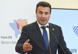 FILE - Prime Minister of Northern Macedonia Zoran Zaev speaks during a press conference in Poznan, Poland, July 5, 2019.