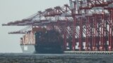 (FILE) Gantry cranes stand near a cargo ship at Yangshan Port outside of Shanghai, Feb. 7, 2025. 