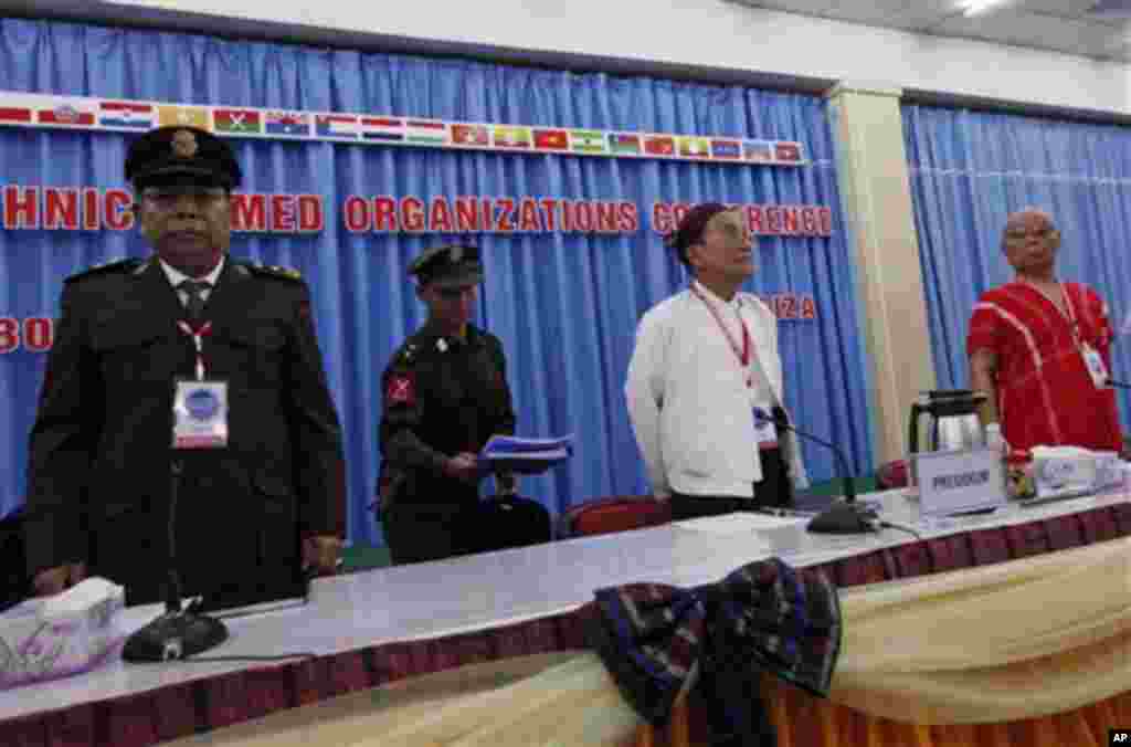 Zawng Hra, second from right, chairman of the Kachin Independence Organization (KIO), Gen. Mutu Say Poe, right, chairman of the Karen National Union (KNU), and Lt Gen. N Ban La, left, of the United Nationalities Federal Council, attend a conference with r