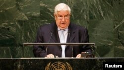 Syria's foreign minister, Walid al-Moualem, addresses the 69th United Nations General Assembly at U.N. headquarters in New York, Sept. 29, 2014.