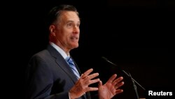 Former Republican U.S. presidential nominee Mitt Romney speaks critically about current Republican presidential candidate Donald Trump and the state of the 2016 Republican presidential campaign during a speech at the Hinckley Institute of Politics at the 