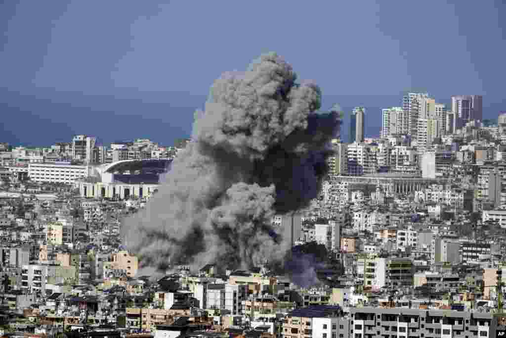 Smoke rises after an Israeli airstrike on Dahiyeh, in the southern suburb of Beirut, Lebanon.