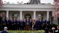 Le président Donald Trump s'exprime lors d'une conférence de presse sur le coronavirus dans la roseraie de la Maison Blanche, le vendredi 13 mars 2020, à Washington. (AP Photo/Evan Vucci)