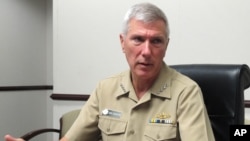 FILE - Adm. Samuel Locklear III, the U.S. Pacific Command commander, speaks to reporters at his headquarters in Camp H.M. Smith, Hawaii, July 25, 2012.