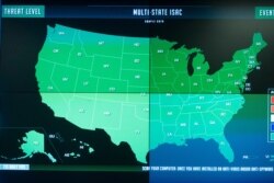 An Information Sharing and Analysis Center map, when active, would show the internet security threat level in the Department of Homeland Security's National Cybersecurity and Communications Integration Center (NCCIC) in Arlington, Va.