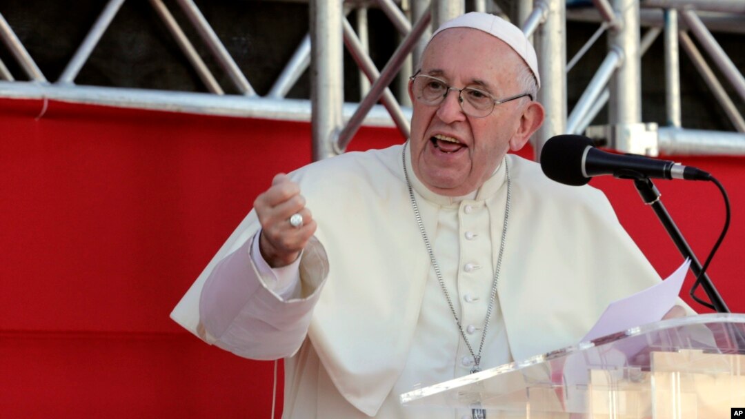 Pope Francis speaks to volunteers who worked at the World Youth Day event, before his departure, in Panama City, Jan. 27, 2019.