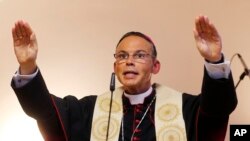 FILE - German Catholic Bishop Franz-Peter Tebartz-van Elst is seen in Frankfurt in a August 29, 2013, file photo.