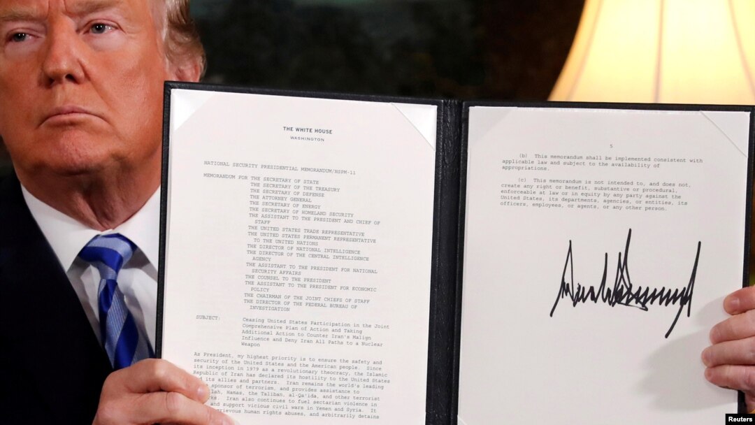 U.S. President Donald Trump holds a proclamation declaring his intention to withdraw from the JCPOA Iran nuclear agreement at the White House in Washington, May 8, 2018. Analysts say leaving the Iran nuclear deal is unlikely to derail momentum to reach a deal with North Korea. 
