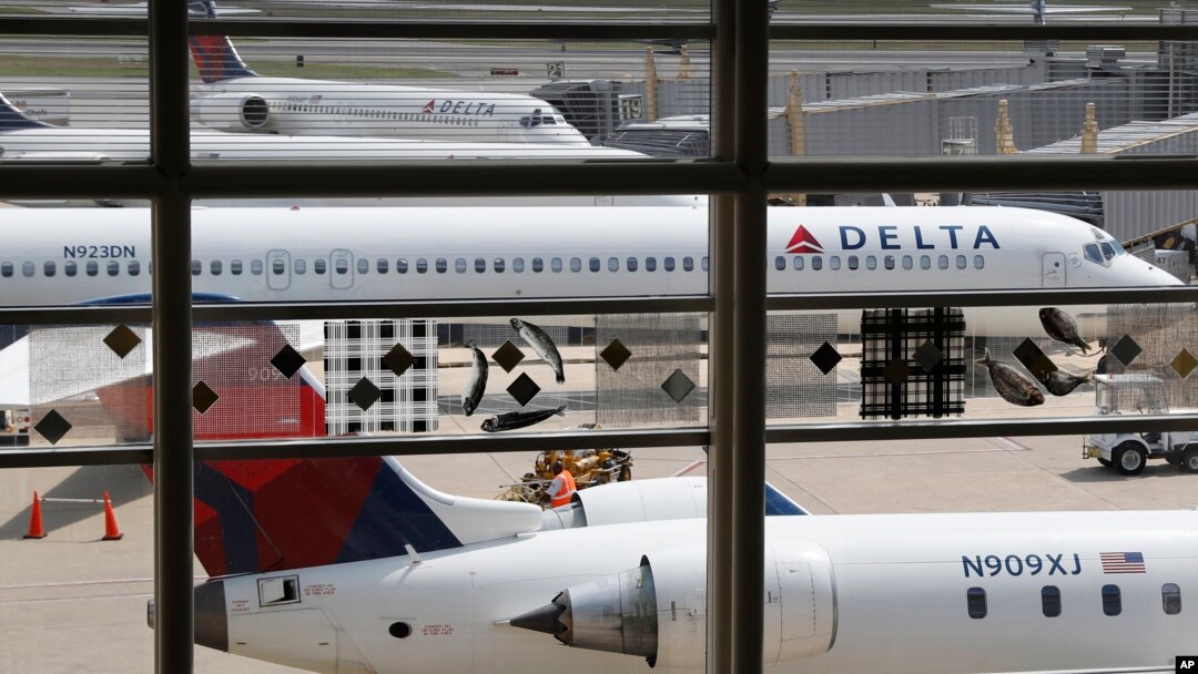 Aviones de Delta Air Lines en el aeropuerto Ronald Reagan National de Washington D.C. Foto de archivo. La aerolínea ha cancelado su política de permitir a pasajeros viajar con perros pit bull como animales de servicio.