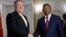 Angola President, Joao Lourenco, right, meets with US Secretary of State, Mike Pompeo at the Presidential Palace in Luanda, Angola, Monday Feb. 17, 2020. Pompeo started his tour of Africa in Senegal, the first U.S. Cabinet official to visit in more than 18 months. He left Senegal