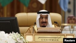 FILE - Saudi King Salman bin Abdulaziz attends the final session of the South American-Arab Countries summit, in Riyadh on Nov. 11, 2015.