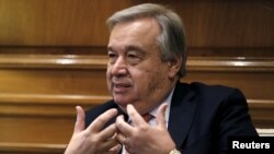 United Nations High Commissioner for Refugees Antonio Guterres meets with Greek Prime Minister Alexis Tsipras (not pictured) in Maximos Mansion in Athens, Greece, Oct. 12, 2015.