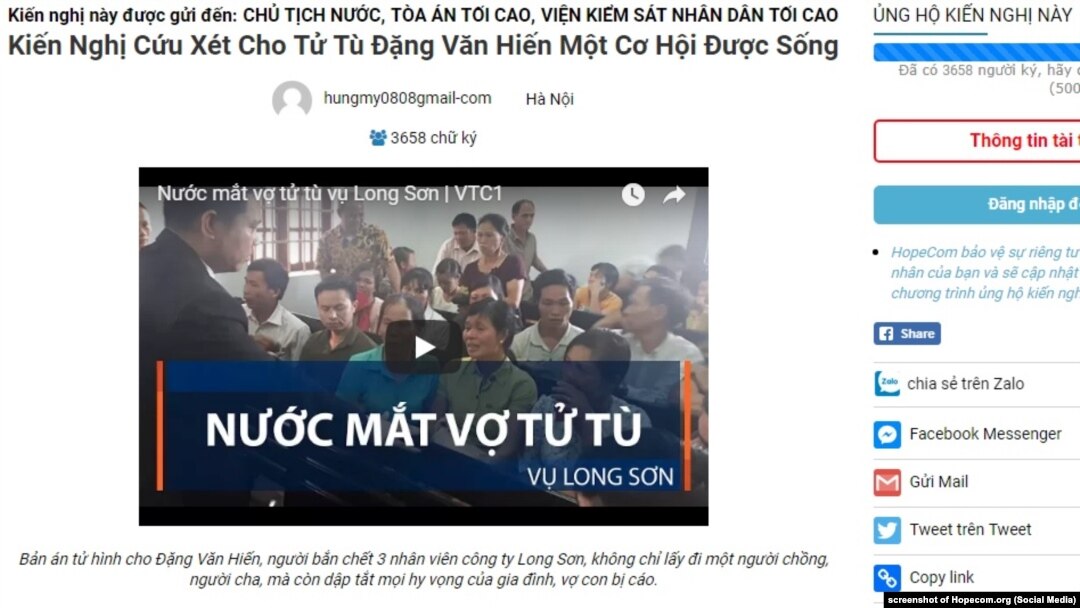 Các luật sư vận động 10.000 chữ ký cho đơn xin Chủ tịch nước Việt Nam ân xá cho tử tù Đặng Văn Hiến, 15/7/2018