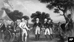 British Army Gen. John Burgoyne's men surrender at Saratoga, N.Y., Oct. 17, 1777 during the Revolutionary War. 