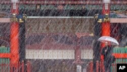 A man stands near the gate in the snow at Kanda Myojin shrine in Tokyo, Nov. 24, 2016.