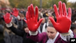 Pengunjuk rasa dengan tangan dicat merah melambangkan darah, menuntut penangkapan setelah runtuhnya atap beton di stasiun kereta Novi Sad yang menewaskan 14 orang, dalam protes di Beograd, 3 November 2024. (Foto: AP)