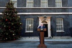 Britain's Prime Minister Boris Johnson delivers a statement at Downing Street after winning the general election, in London, Britain, Dec. 13, 2019.