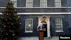 Britain's Prime Minister Boris Johnson delivers a statement at Downing Street after winning the general election, in London, Britain, Dec. 13, 2019. 
