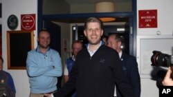 Eric Trump arrives at a pub in Doonbeg west of Ireland Wednesday, June 5, 2019. President Trump is overnighting in Ireland before attending 75th anniversary of the D-Day landings events in northern France Thursday. (AP Photo/Peter Morrison)