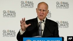 California Gov. Jerry Brown speaks during a news conference at the Global Action Climate Summit, Sept. 13, 2018, in San Francisco. 