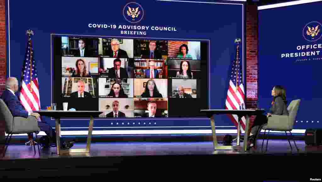U.S. President-elect Joe Biden and Vice President-elect Kamala Harris hold a virtual meeting with members of the COVID-19 Advisory Board in Wilmington, Delaware.