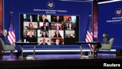 U.S. President-elect Joe Biden and Vice President-elect Kamala Harris hold a virtual meeting with members of the coronavirus disease (COVID-19) Advisory Board in Wilmington, Delaware, November 9, 2020.