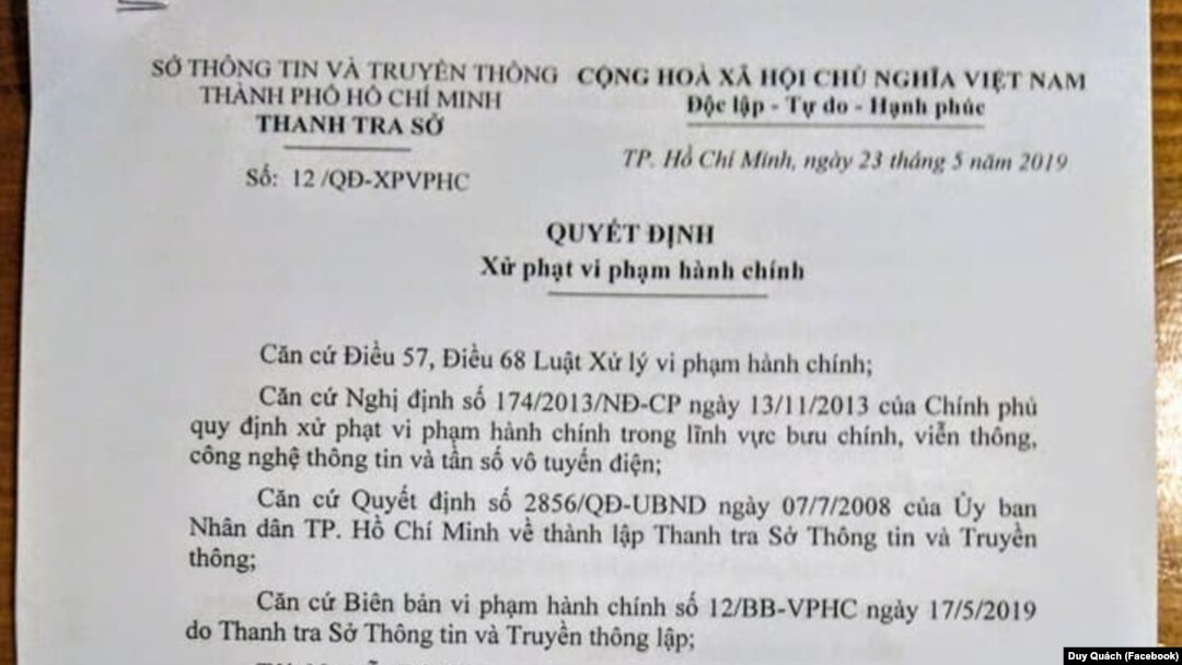 Văn bản Quyết định Xử phạt vi phạm hành chính đối với ông Quách Duy.