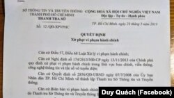 Văn bản Quyết định Xử phạt vi phạm hành chính đối với ông Quách Duy.