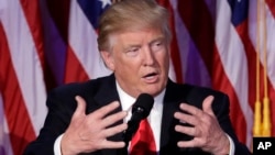 President-elect Donald Trump gives his acceptance speech during his election night rally, Nov. 9, 2016, in New York. 